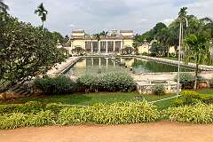 View across the pond to the Tahniyat Mahal, a palace in the oldest part of the Chowmahalla Palace complex.