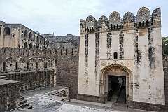 Bala Hissar Darwaza, the arched gateway with elaborate carvings of peacocks and lions on the eastern side of Golconda Fort, the capital of the Golconda Sultanate under the Qutb Shahi sultans for 171 years.
