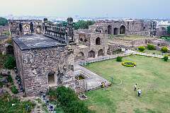 Taramati Palace, from below the Baradari (Darbar Hall) at Golconda Fort, capital of the Golconda Sultanate until the fifth ruler of the Qutb Shahi dynasty, Muhammad Quli Qutb Shah, moved the capital to Hyderabad in 1591.