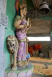 Statue of Kali riding a lion as a symbol of her immense power, courage, and role as a destroyer of evil; in the Sri Veeramma Kali Temple, in Rangamura, Melaghar.