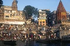 The Dasaswamedh Ghat, one of the “ghats” where people are cremated on the banks of the Ganges (Ganga) river in Varanasi.