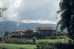 Houses with Buddhist prayer flags near Pedong, northeasteast of Kalimpong.