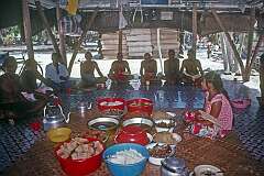 A feast to celebrate the one-month birthday of a baby, in the maneaba (meeting house) of Roreti village, in the south of Arorae island.