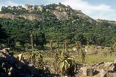 View to the “Acropolis”, the rock formation behind the ruined city of Great Zimbabwe.