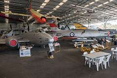 Caloundra, Queensland, Australia, 2021 - A Gloster Meteor F Mk.8, a CAC CA-27 Sabre, an Australian licence-built North American F-86 Sabre and a GAF Mirage IIIO(FA) A3-16, an Australian licence-built Dassault Mirage III, with overhead, a GAF Jindivik, a radio-controlled target drone; at the Queensland Air Museum.