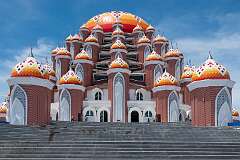 Makassar, Sulawesi, Indonesia, 2022 - Masjid 99 Kuba, the mosque of 99 domes, “for the 99 names of Allah”, on reclaimed land.