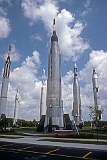Cape Canaveral, Florida, USA, 1980 - Rocket Garden display at Kennedy Space Center Visitor Complex, with in front the Mercury-Atlas combination, used for most Mercury missions and at left the Mercury-Redstone combination, the first American manned space booster and used for six sub-orbital Mercury flights from 1960–1966.