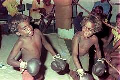 Lajamanu, NT, Australia, 1976 - Warlpiri boys in a boxing match at the local YMCA.